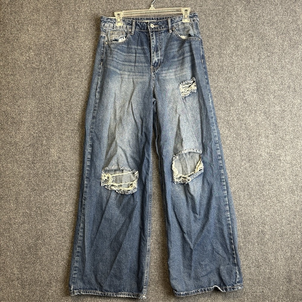Almost Famous Jeans Womens Blue 7 Wide Leg Distressed Y2K Baggy‎ Skater Bratz